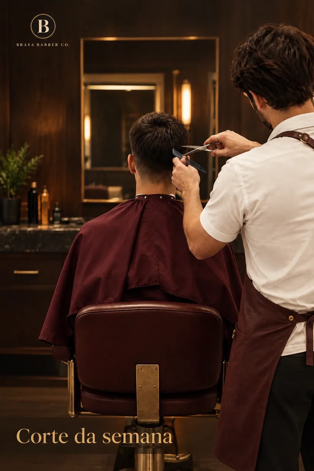A mesma barbearia com a identidade da marca: luz quente, madeira escura, latão, o logotipo no alto e o título “Corte da semana”