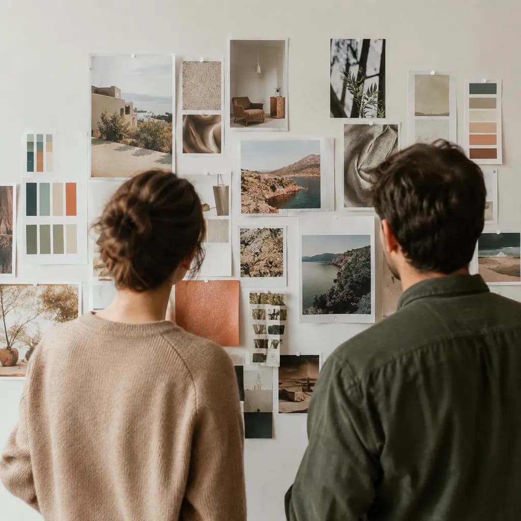 Parede de moodboards impressos e amostras de cor, com duas pessoas de costas revisando