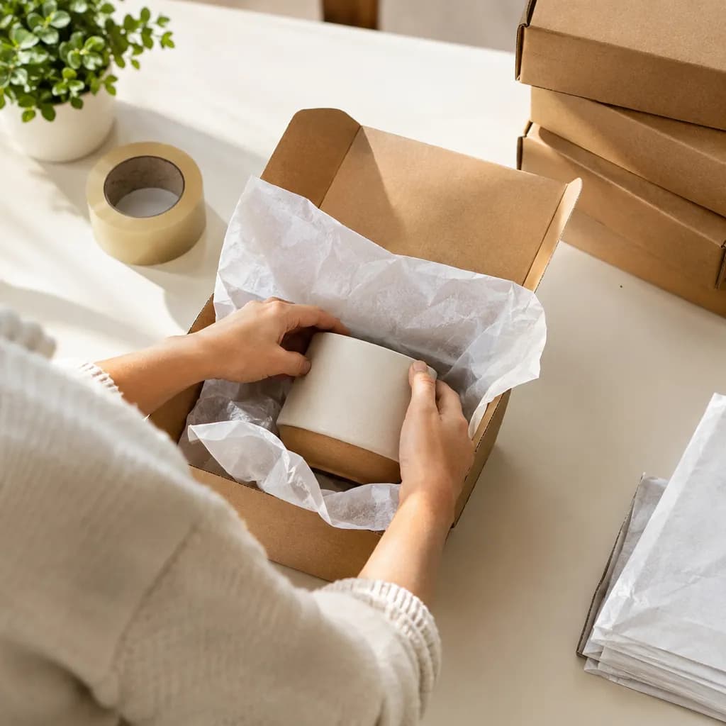 Mãos colocando um produto em uma caixa kraft com papel de seda em uma mesa de embalagem