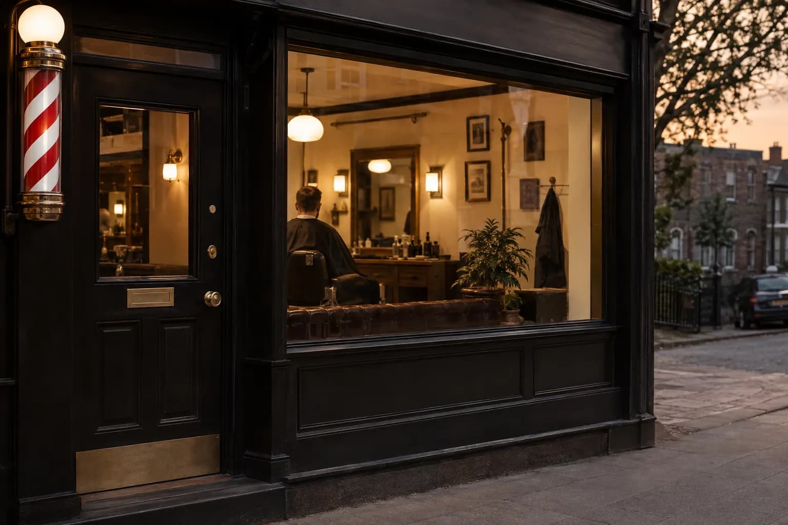 Fachada de uma barbearia de bairro ao entardecer, com vitrine iluminada, porta de madeira escura e uma rua tranquila