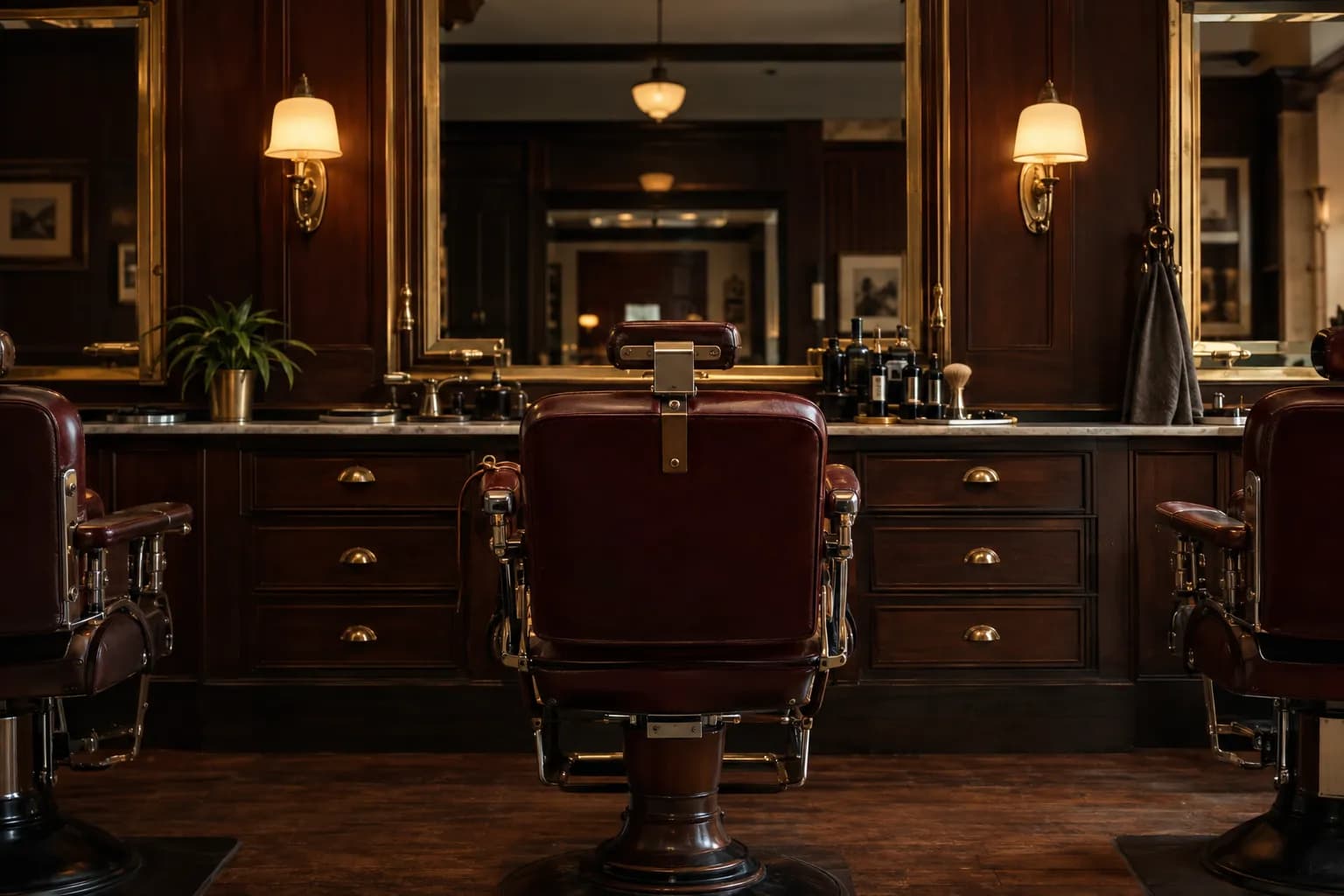Interior de uma barbearia clássica com madeira escura, uma cadeira de couro, um espelho com moldura de latão e lâmpadas quentes