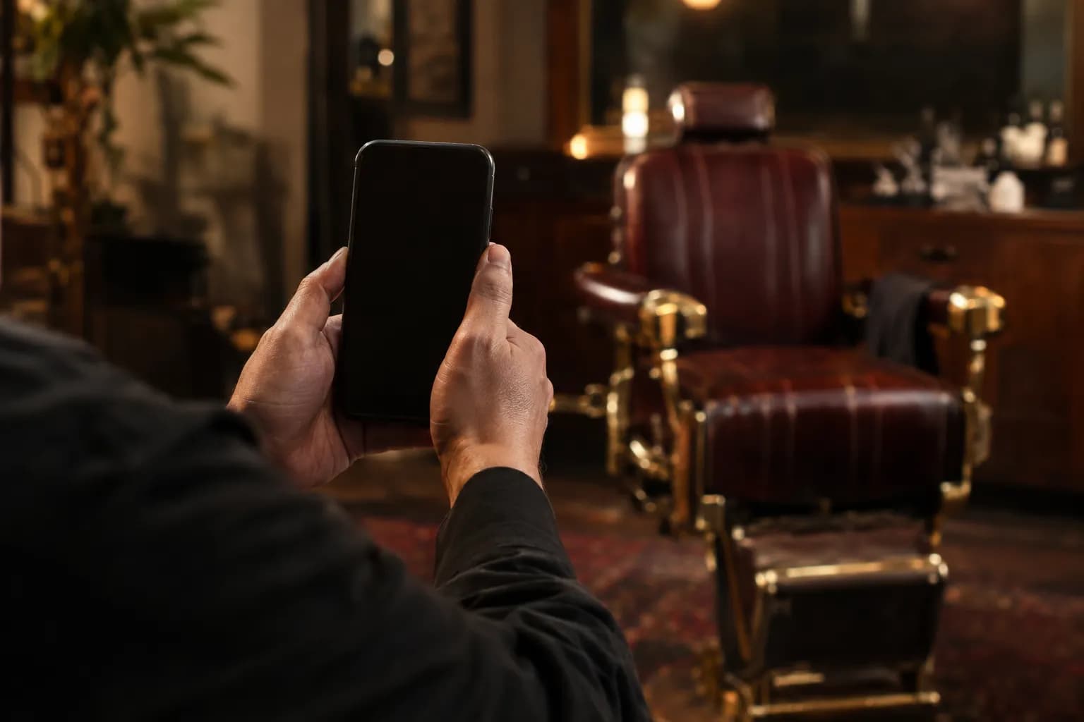 Mãos de um barbeiro fotografando com o celular uma cadeira de couro em uma barbearia