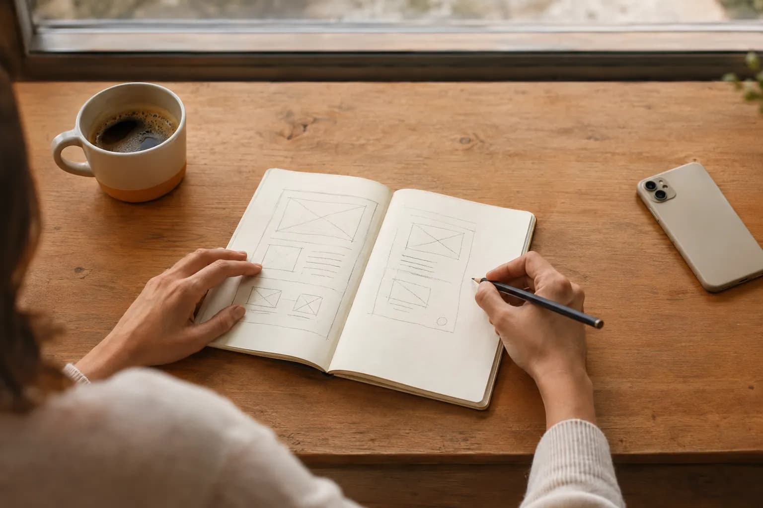 Mãos de uma pessoa esboçando um layout em um caderno, ao lado de um café e de um celular, sobre uma mesa de madeira