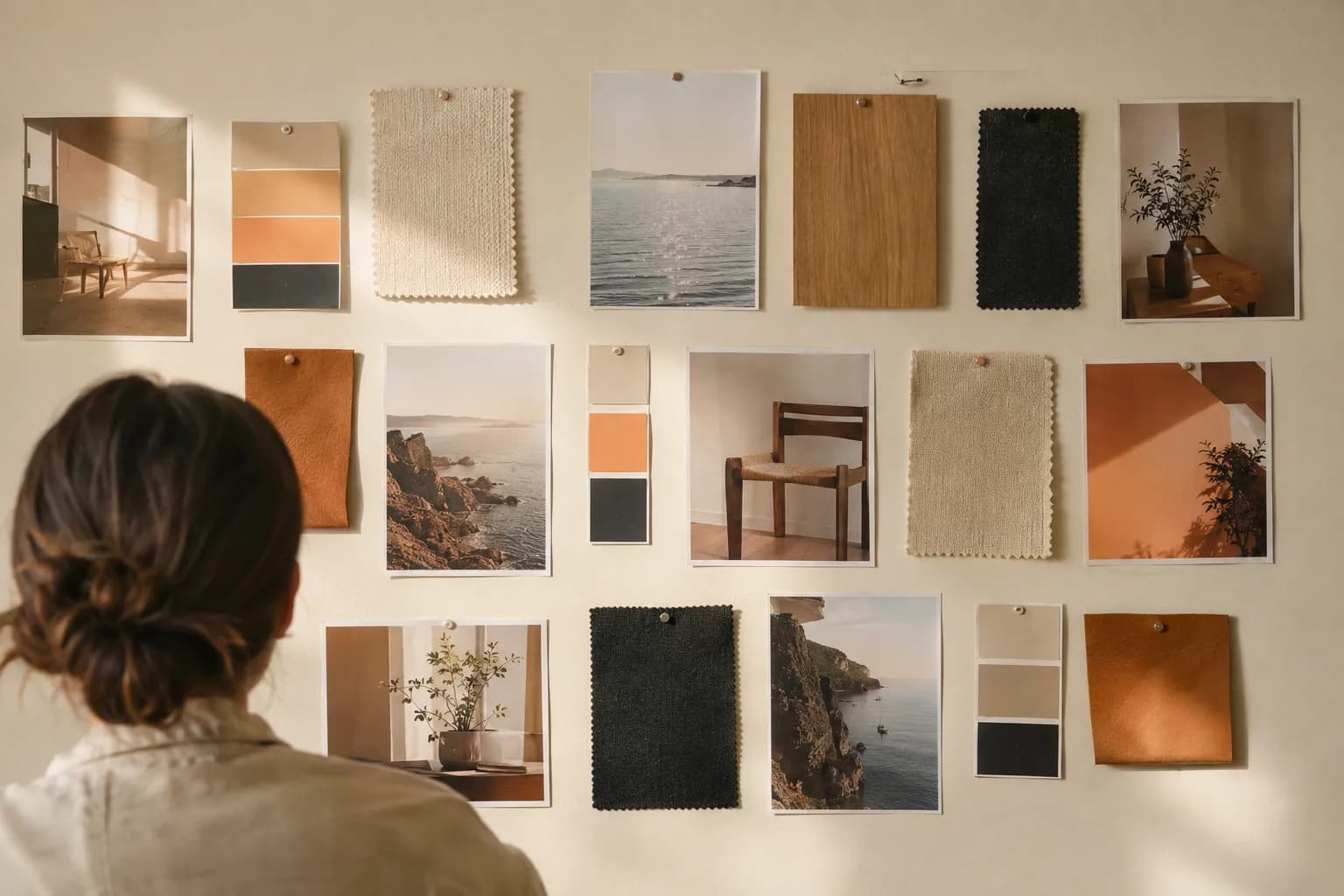 Mural de inspiração com amostras de cor, tecidos e fotos impressas presas em uma parede, sem nenhum texto