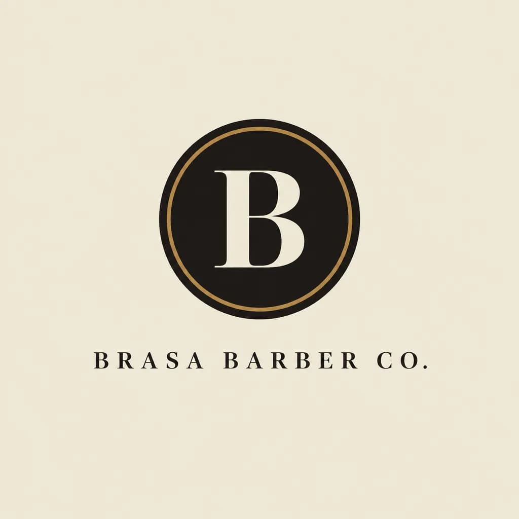 Logotipo da Brasa Barber Co.: emblema redondo marrom-espresso com um B de serifa em creme e o nome da marca abaixo