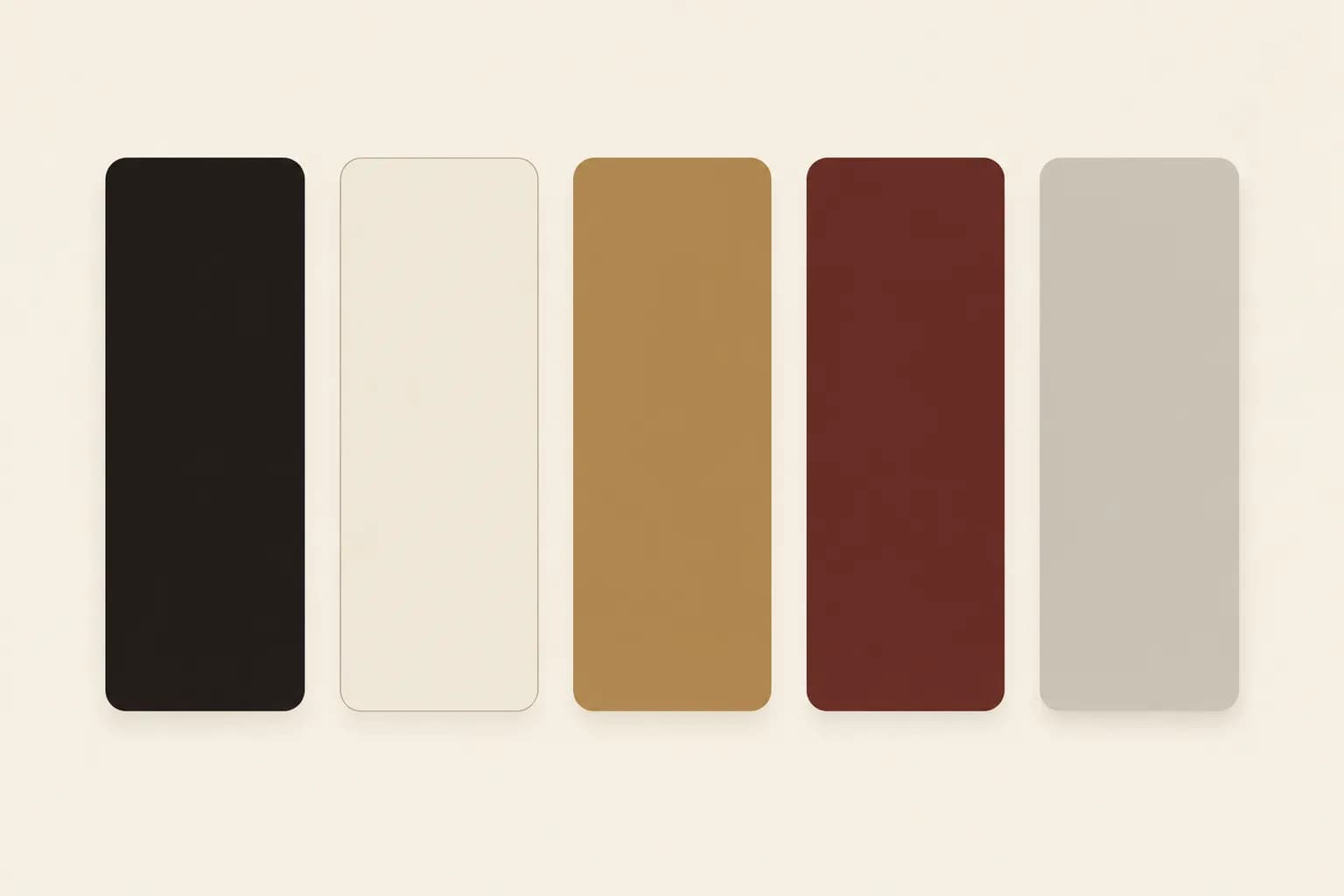 Paleta da Brasa Barber Co. com cinco cores: marrom-espresso, creme, dourado-latão, vinho e pedra