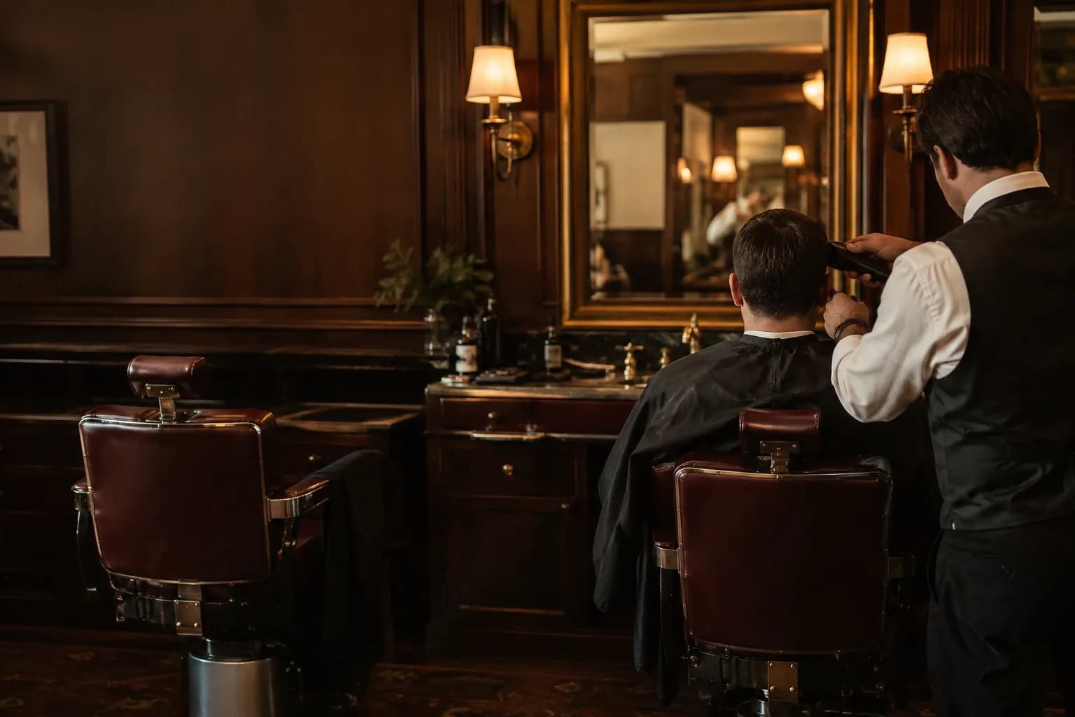 Barbeiro aparando o cabelo de um cliente em uma barbearia clássica, com madeira escura e luz quente