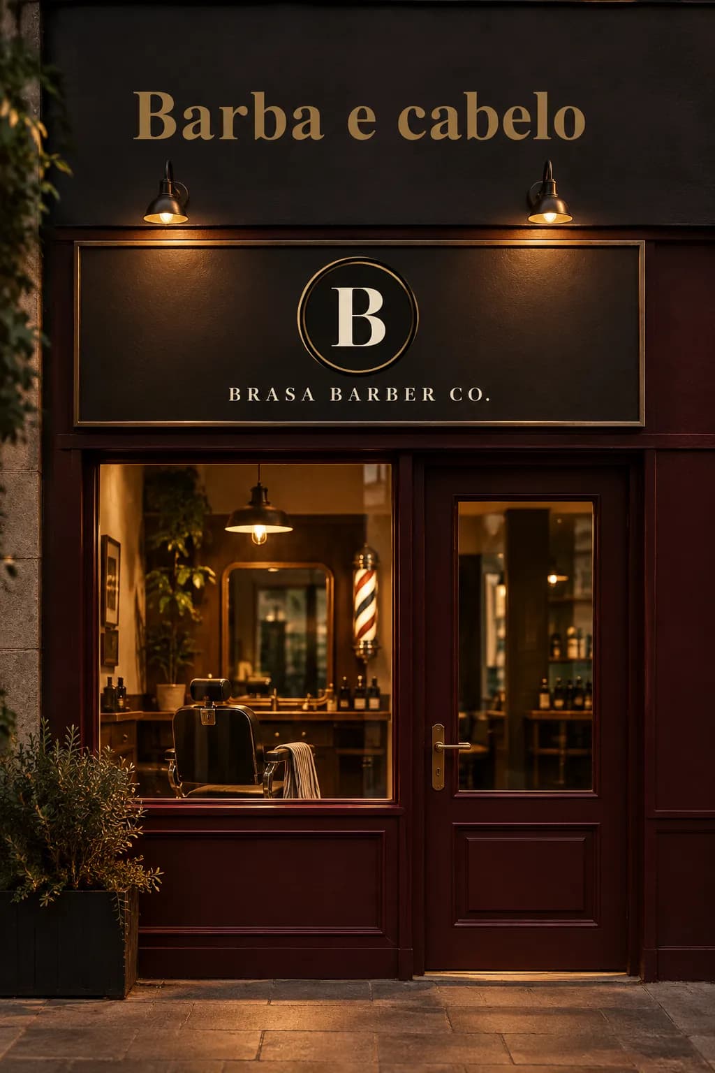 Anúncio da Brasa Barber Co.: fachada de uma barbearia ao anoitecer, com o logotipo na placa e o título “Barba e cabelo”