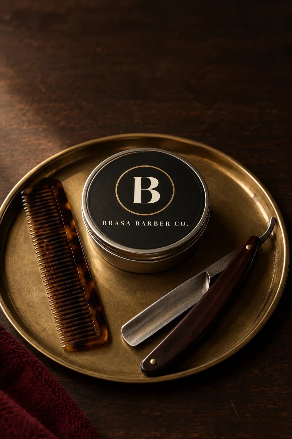 Foto de produto da Brasa Barber Co.: lata de pomada com o logotipo na tampa, pente de casco de tartaruga e navalha sobre madeira escura