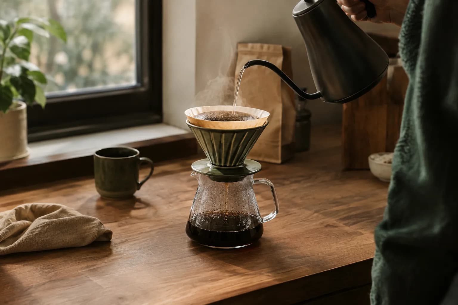 Café sendo coado em um suporte sobre uma bancada de madeira, com vapor subindo