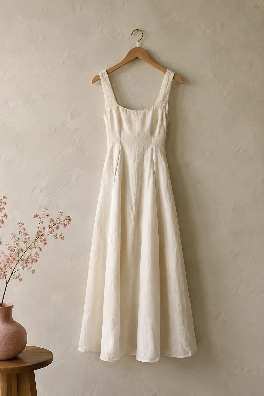 Vestido de linho marfim em um cabide de madeira diante de uma parede de gesso