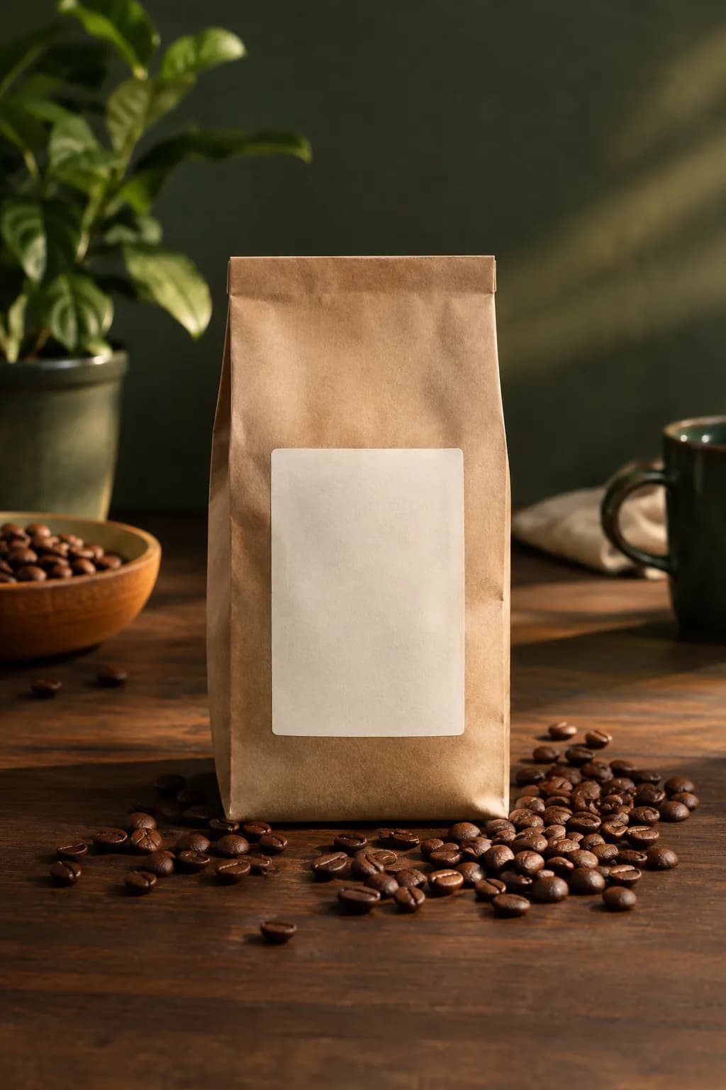 Pacote de café sobre madeira escura, cercado de grãos torrados