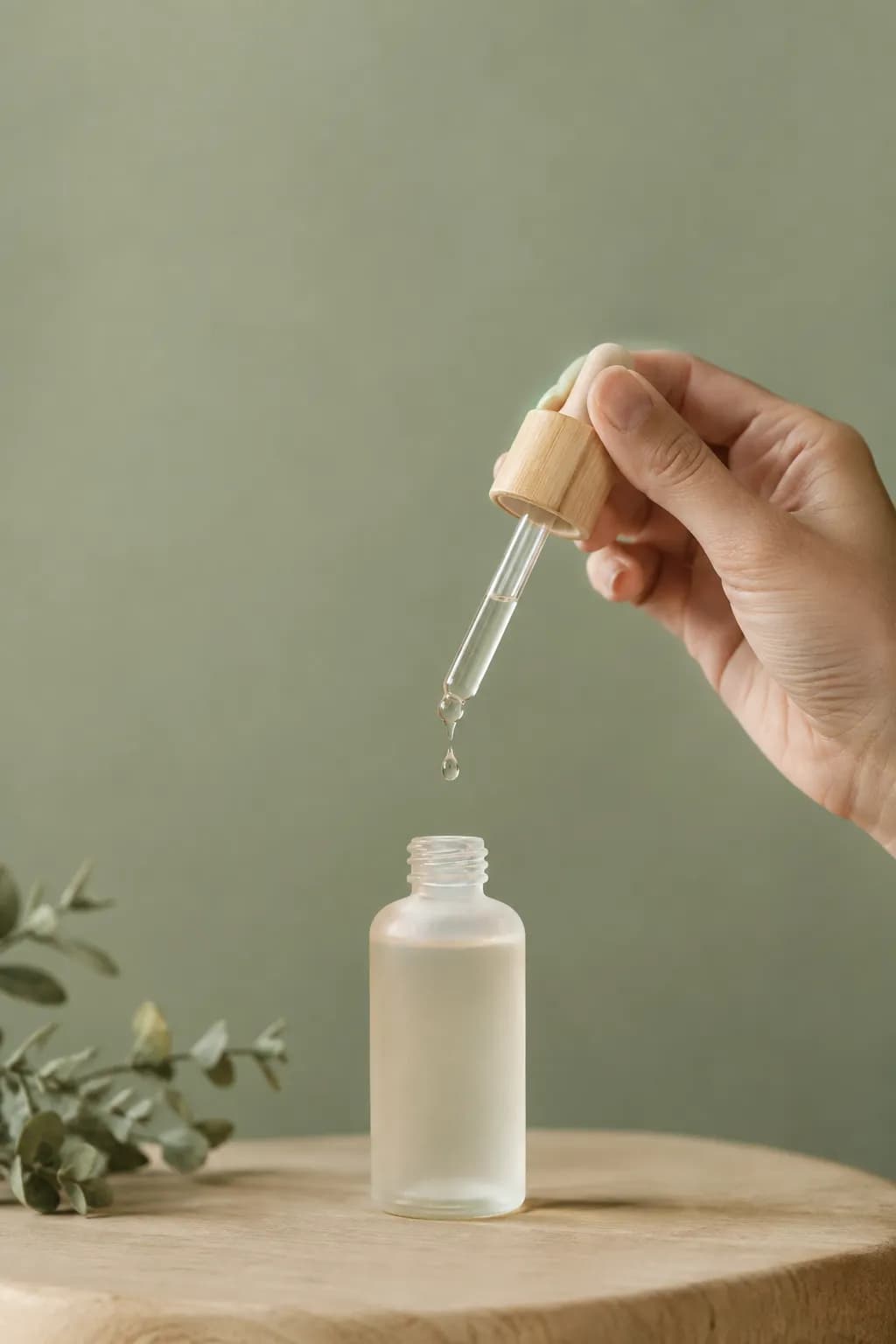 Mão deixando cair uma gota de sérum de um conta-gotas de vidro, sobre fundo verde-sálvia