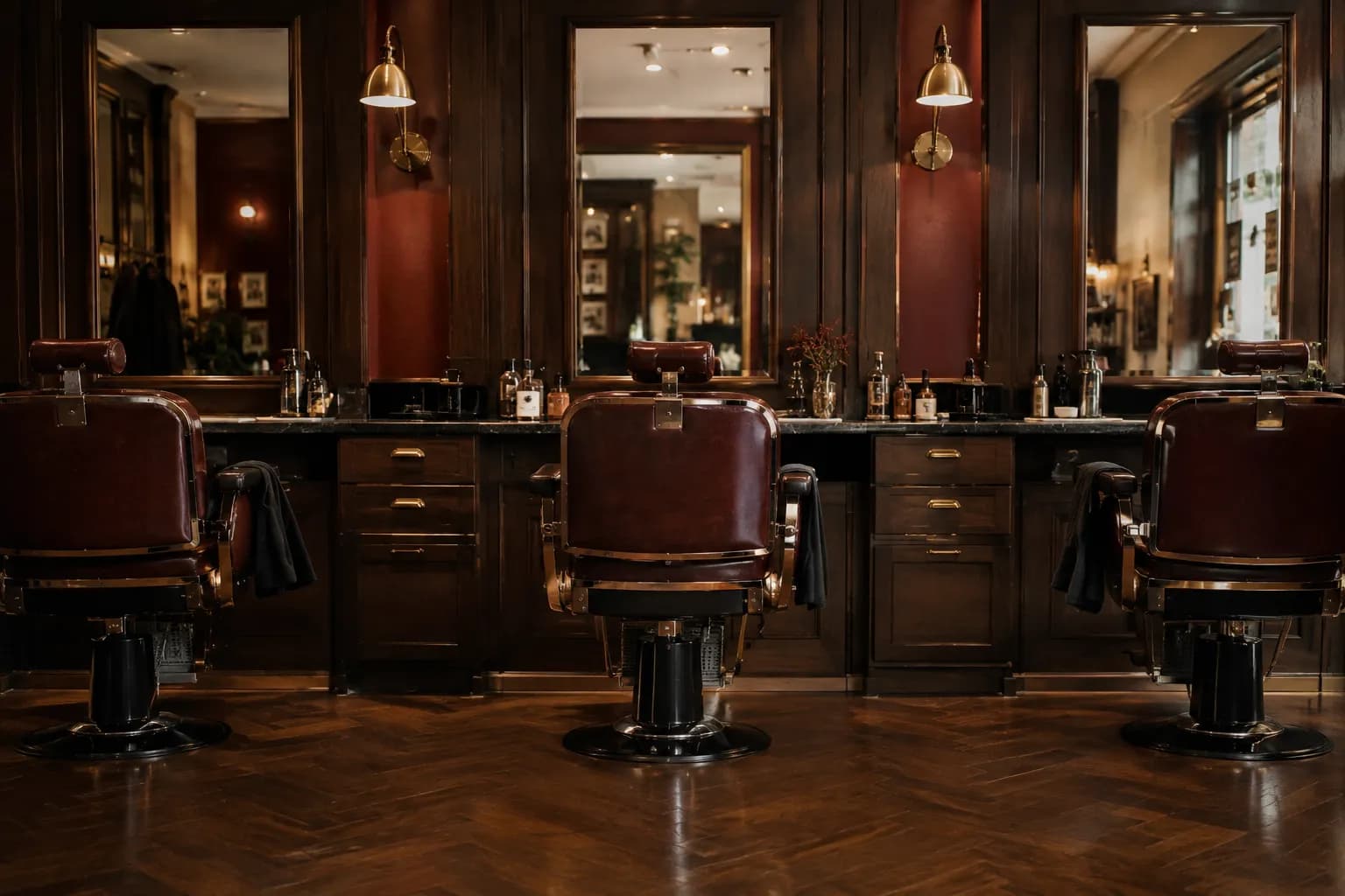 Fileira de cadeiras de couro diante de espelhos em uma barbearia, com lâmpadas de latão