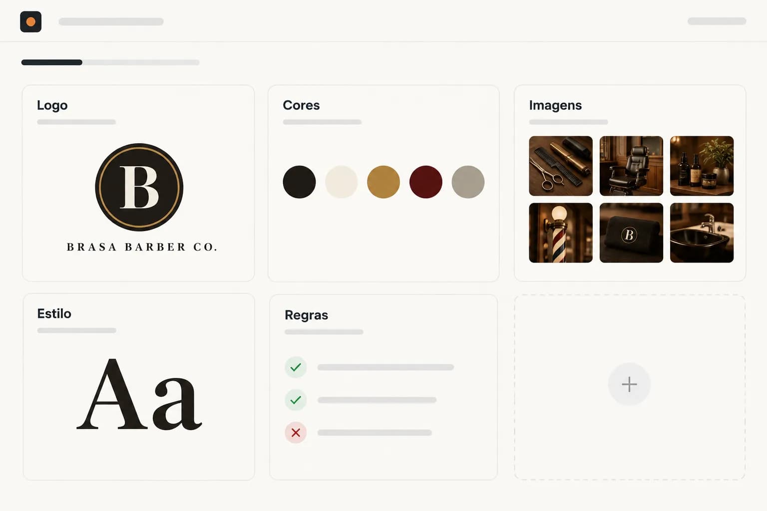 Ilustração da tela do ImageGo para cadastrar a marca, com cartões de logo, cores, imagens, estilo e regras