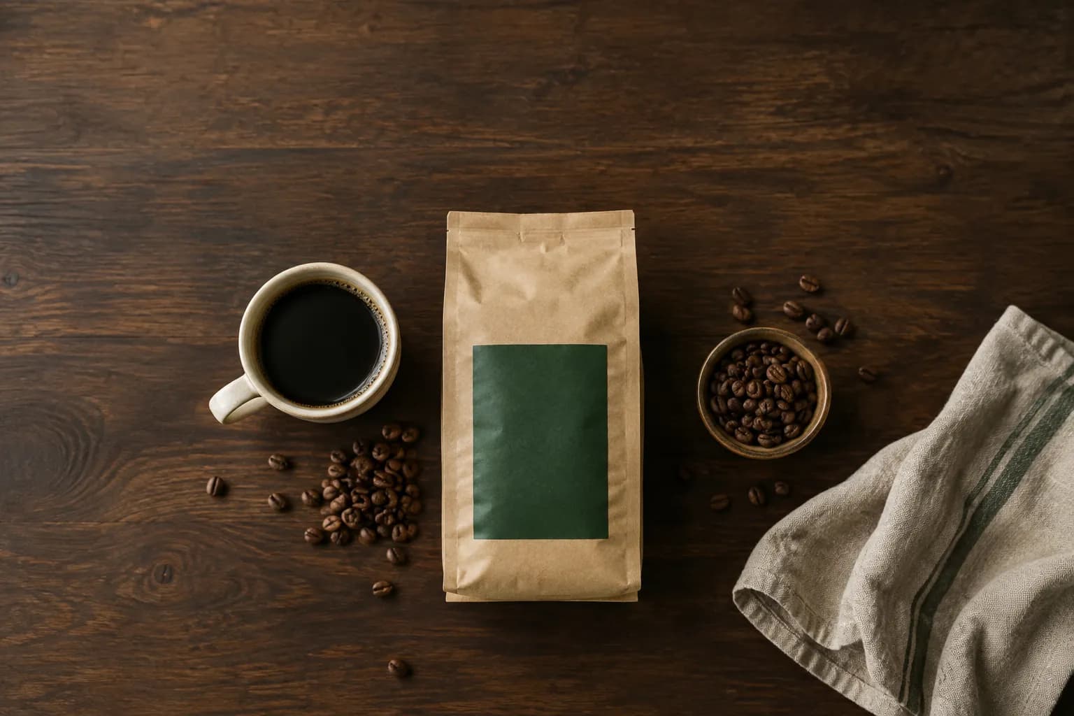 Embalagem de café especial, xícara e grãos torrados sobre uma mesa de madeira escura, vistos de cima