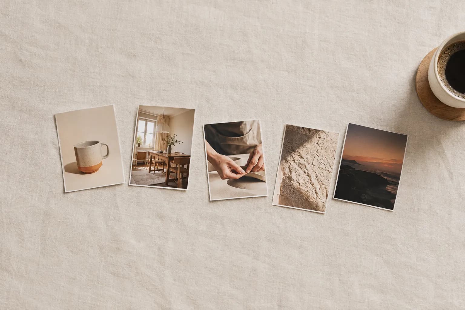 Cinco fotografias impressas dispostas sobre um pano de linho claro, vistas de cima, ao lado de uma xícara de café